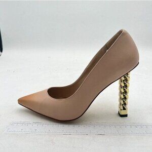 Nude Women Gold Metal Chain Chunky High Heel Pointed Toe Slip On Prom Shoes